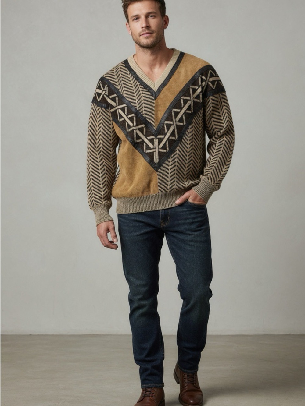 Men's V-Neck Geometric Panel Sweater in Tan and Black